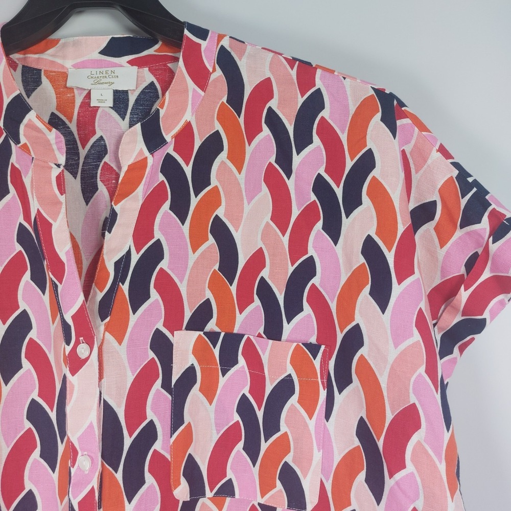 Charter Club Luxury Linen Top Wms Size L Black Pinks Geo Tie Waist V Neck Button